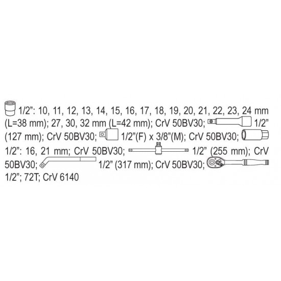 Uzmaucamo galviņu komplekts 1/2'' 25 gab. (yt-3874) YATO