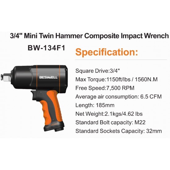 Pneimatiskā triecienatslēga | 20 mm (3/4 collas) | 1492 Nm (BW-134F1)